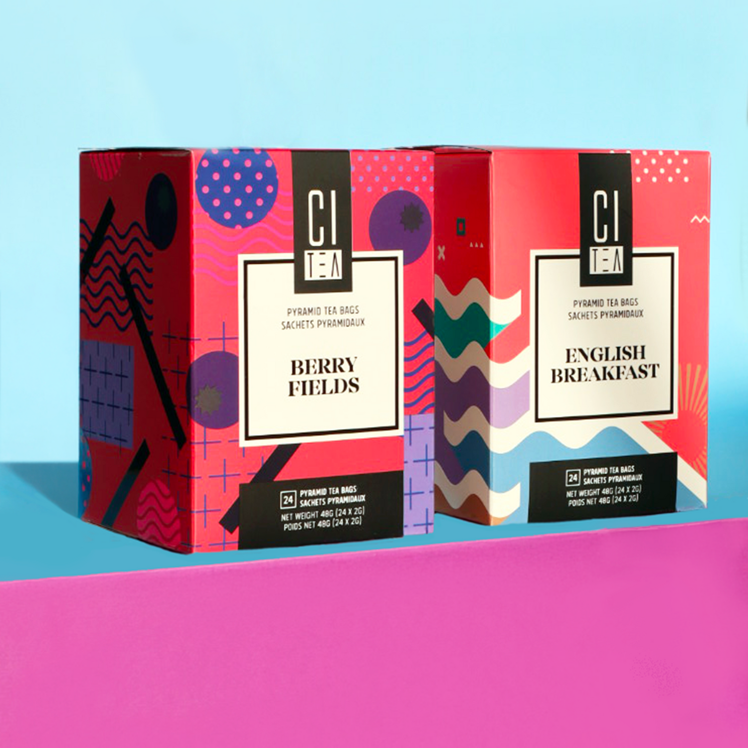 Berry Fields and English Breakfast tea by Citea on a blue and purple background