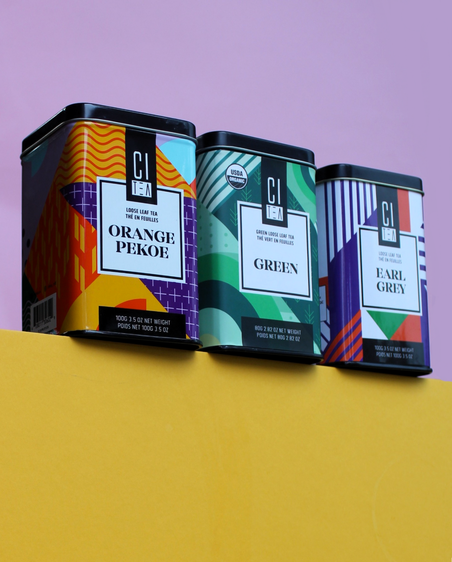 Orange Pekoe, Green and earl grey tea on a shelf